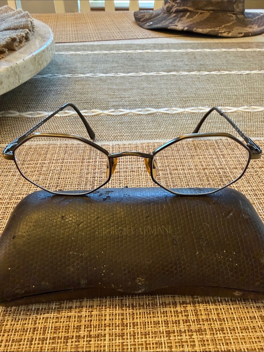 Vintage Giorgio Armani Framed Glasses and Textured Eyewear Case with Logo Emboss